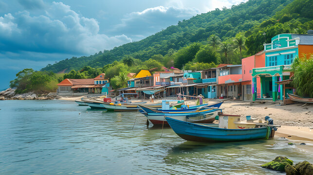 A small colorful fishing village with boats moored along the waterfront fishermen mending nets and unloading the days catch.