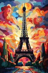 vertical postcard or illustration of the Eiffel Tower with bright colors and splashes in retro style. concept France, tower, postcard, colorful