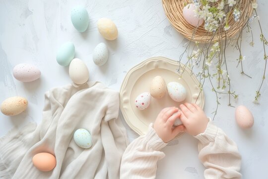 Child's Hands Pastel Speckled Painted Easter Egg Crafts | Spring Theme Linen Table | Farmhouse Table Meal Lunch Party Display | Branches Leaves Floral Flowers | Rustic Cottagecore