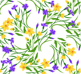 Flower pattern vector illustration. The flowering plants in garden created bloomy and colorful oasis The blossoming flowers symbolized arrival spring The repetitive flower pattern on dress added sense