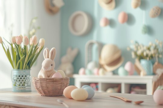 Bunny Bunnies Rabbit Pink Blue Cream Pastel Speckled Painted Easter Egg Crafts | Spring Theme Linen Table | Farmhouse Meal Lunch Party Display | Branches Leaves Floral Flowers | Rustic Cottagecore