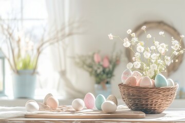 Pink Blue Cream Pastel Speckled Painted Easter Egg Crafts | Spring Theme Linen Table | Farmhouse Table Meal Lunch Party Display | Branches Leaves Floral Flowers | Rustic Cottagecore