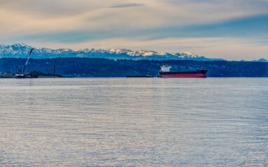 Tanker Ship And Mountains