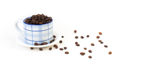 Cup of coffee, coffee beans isolated on white background. Banner.