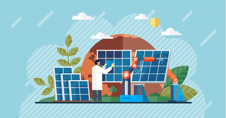 Solar panel vector illustration. Solar panels offer innovative solution for clean energy generation Environmental conservation efforts focus on reducing energy consumption Green technology drives