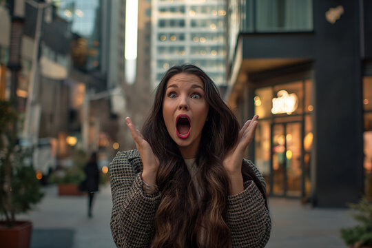 Young woman in the city, happy and amazed and astonished because she found great discounts and sales at her favorite clothing store or fashion mall.