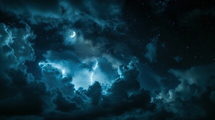 Fototapeta na wymiar Stormy night sky with lightning, stars, and moon