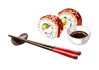 Sushi Eel Rolls with soy sauce. Hand drawn watercolor illustration, isolated on white background