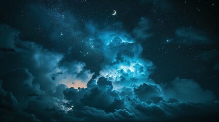 Naklejka na ściany i meble Stormy night sky with lightning, stars, and moon