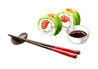 Sushi Rolls with soy sauce. Hand drawn watercolor illustration, isolated on white background