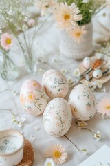 Obraz na płótnie Canvas Pink Blue Cream Pastel Speckled Painted Easter Egg Crafts | Spring Theme Linen Table | Farmhouse Table Meal Lunch Party Display | Branches Leaves Floral Flowers | Rustic Cottagecore