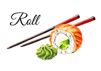 Sushi Salmon Rolls with chopsticks. Hand drawn watercolor illustration, isolated on white background