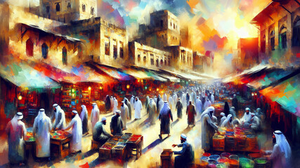 Busy street of souk in an arabic city - acrylic art - obrazy, fototapety, plakaty