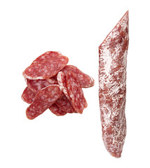 dried salami with white mold isolated on white background, whole and slices of salami are laid out to create layout, concept of tasty food