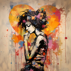 Woman with heart as graffiti art