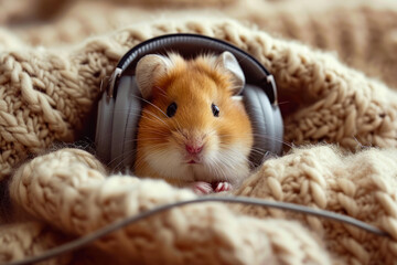 Small tan and white hamster is wearing headphones while sitting in sweater.