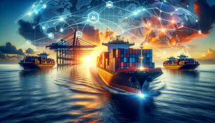 Cargo ships with containers at sea at sunset,with a digital global trade network overlay,signifying logistics,shipping,and international commerce.Logistics solutions in the future concept.AI generated - obrazy, fototapety, plakaty