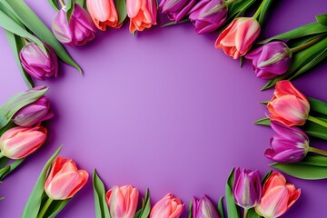 Frame of colorful tulips on purple background, wedding background, women day background, mother day background