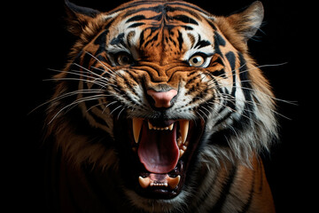 Obraz premium Roaring tiger close-up on a black background, portrait, front view