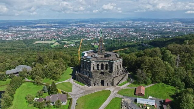 Aerial drone view of Hercules monument . It is located in the Bergpark Wilhelmsh&ouml;he in Kassel , northern Hesse, Germany.