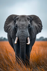 Fototapeta na wymiar Large elephant with tusks stands in field of tall brown grass.