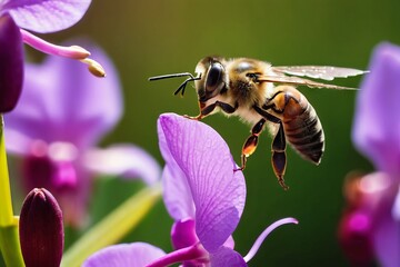 Close up of a honey bee with pollen on its legs flying toward a purple orchid flower in bloom to...