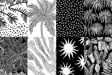 Pattern with 4 quarters, in two opposite quarters there is a minimalistic palm tree, in the other two there is a sun, organic hand drawn , black and white