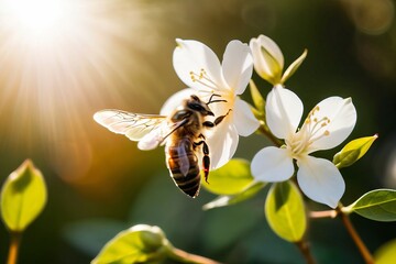 Backlit honeybee rapidly beating its transparent wings on course for aromatic white jasmine flowers...