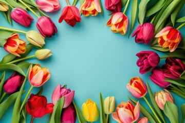 Flowers composition. Frame made of tulips on blue background, wedding background, women day background, mother day background
