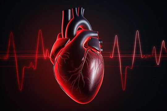Model of a human heart on a dark background with a cardiogram pulse line