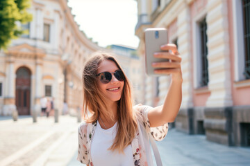 young beautiful woman in sunglasses takes a selfie using her smartphone on a city street on a sunny day while traveling
