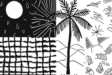 Pattern with 4 quarters, in two opposite quarters there is a minimalistic palm tree, in the other two there is a sun, organic hand drawn , black and white