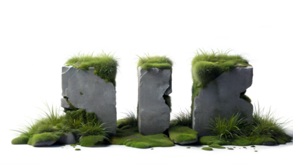 Ruined stone blocks partially covered with grass and moss.