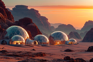Group of domed structures in desert setting with some appearing to be half-buried in sand. - obrazy, fototapety, plakaty