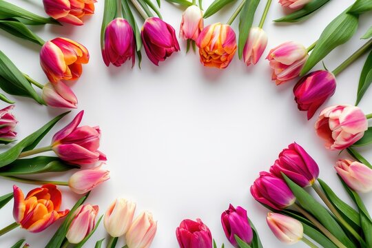 Colorful tulips on white background, wedding background, women day background, mother day background