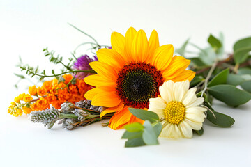Sunflower is surrounded by various other flowers creating beautiful and colorful arrangement.