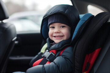 little boy smiling in a children's car seat