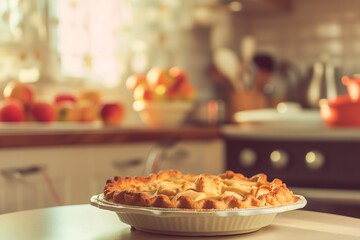 delicious apple pie in a cozy kitchen, blurred background, bokeh