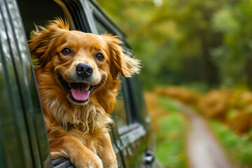 Dog is hanging out of car window looking at the camera and smiling with its tongue out.