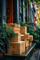 Stack of boxes sit on city sidewalk in front of building. - obrazy, fototapety, plakaty