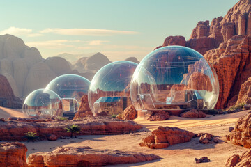 Rendering of several bubbles in desert setting giving artistic and futuristic vibe to the scene.