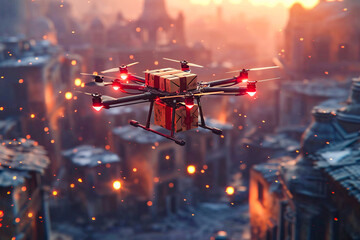 Red box is being delivered by drone in cityscape with many buildings on fire.