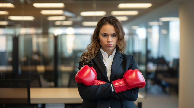 Businesswoman in office wearing red boxing gloves, looking determined
