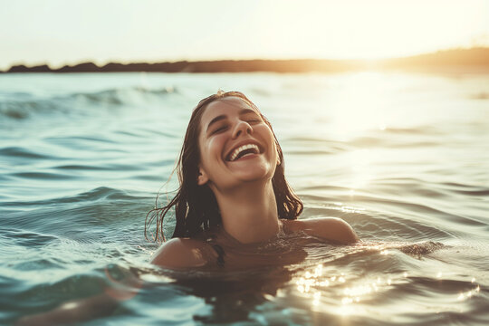 portrait of a satisfied woman enjoying swimming in the sea