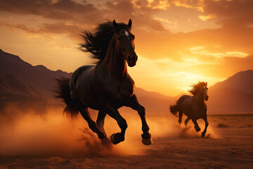a group of graceful black horses galloping along the sand at sunset