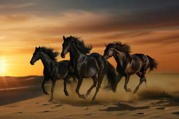 a group of graceful black horses galloping along the sand at sunset