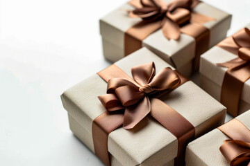 Group of wrapped presents with bows on top in different colors.