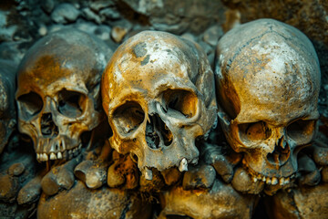 Three skulls are lined up each with large hole in their foreheads.