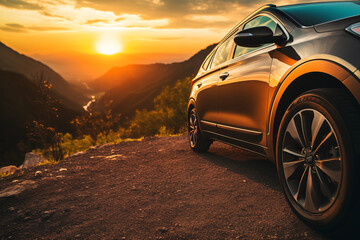 Fototapeta na wymiar A close up shot of the side of a car at sunset on a mountain road