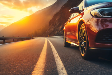 A close up shot of the side of a car at sunset on a mountain road
